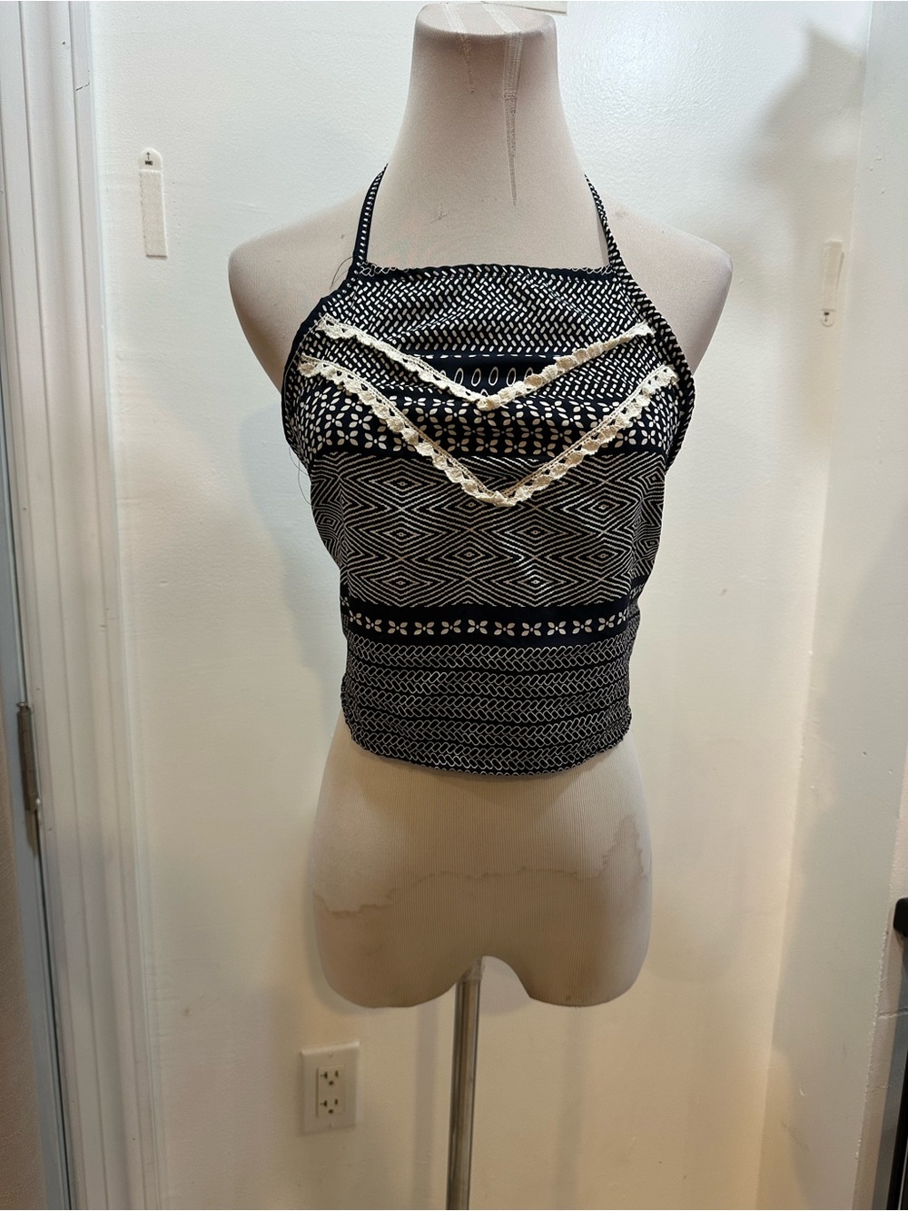 Black & Cream Patterned Halter Crop Top with Lace Trim